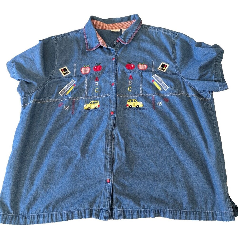 White Stag Plus Women's Denim Shirt 26W/28W Short Sleeve School Teacher Novelty